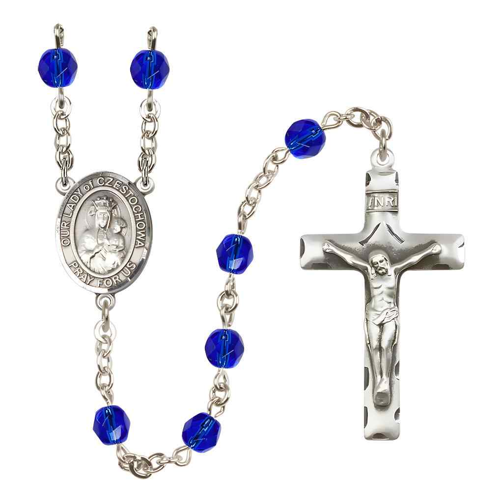 Our Lady of Czestochowa Silver-plated Rosary with Pewter Crucifix and Centerpiece, Birthstone 6mm Fire Polished Sapphire Beads for September