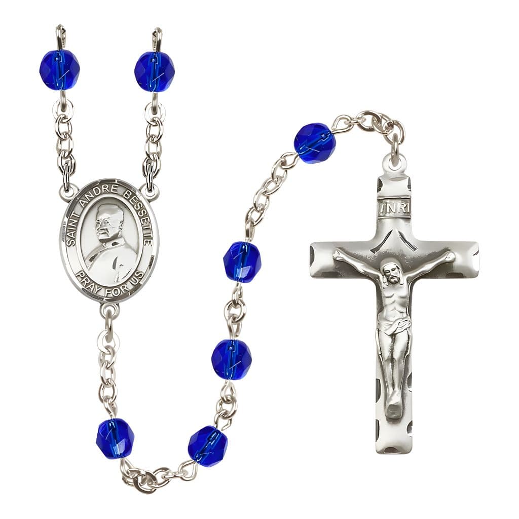 Bliss St. Andre Bessette Engravable Rosary with Pewter Crucifix and Centerpiece, Birthstone 6mm Fire Polished Sapphire Beads for September