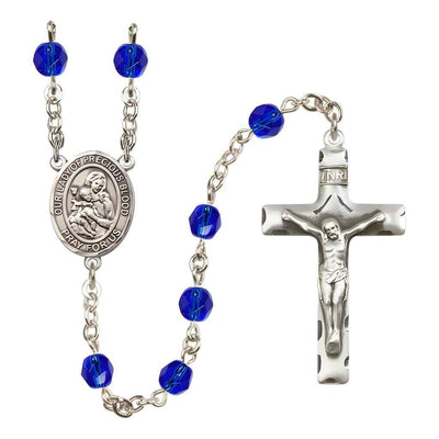 Our Lady of the Precious Blood Rosary with Pewter Traditional Crucifix and Oval Centerpiece, Birthstone 6mm Fire Polished Sapphire Beads for September