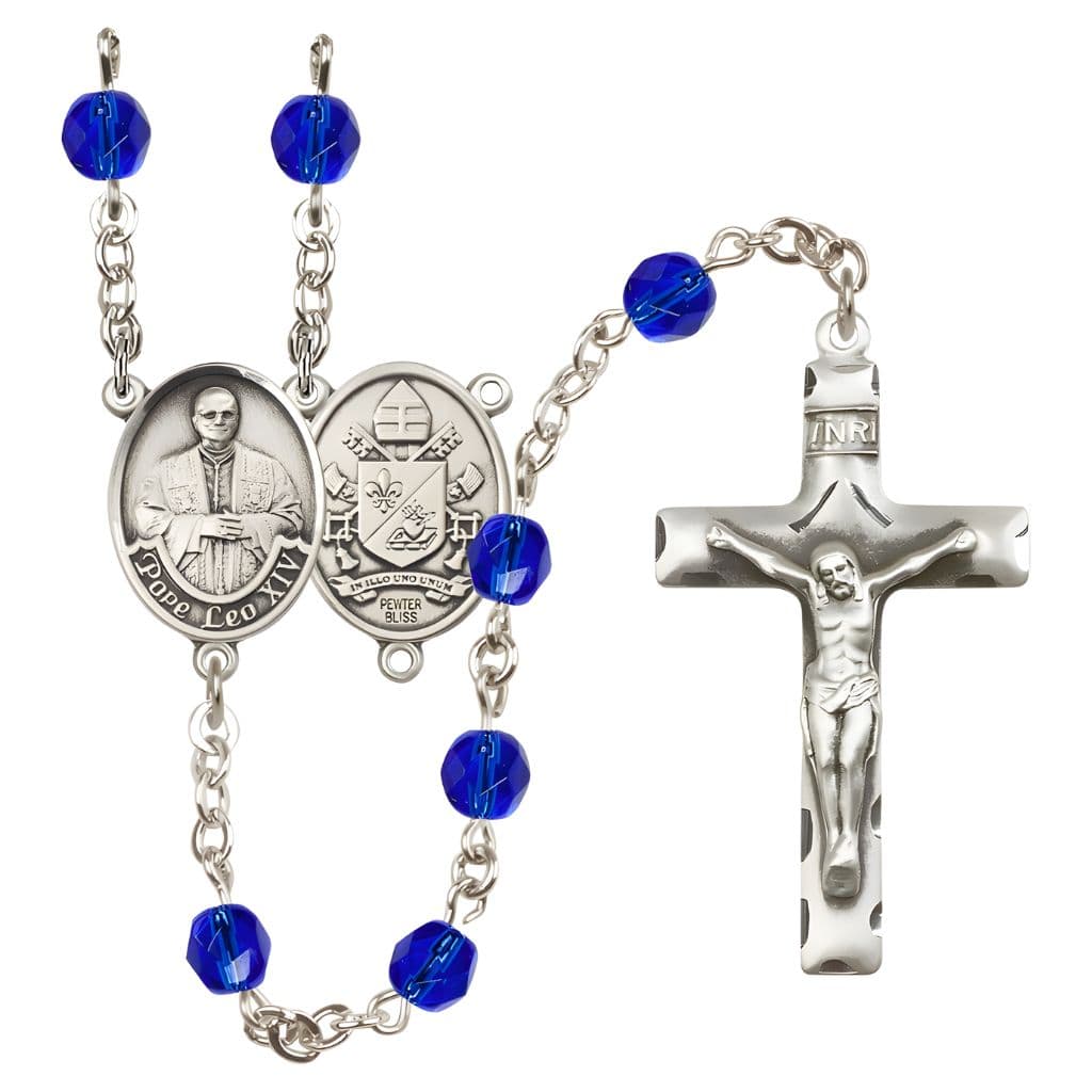 Bliss Pope Leo XIV Birthstone Engravable Rosary with Pewter Center and Crucifix, 6mm Fire Polished Beads in Sapphire for September