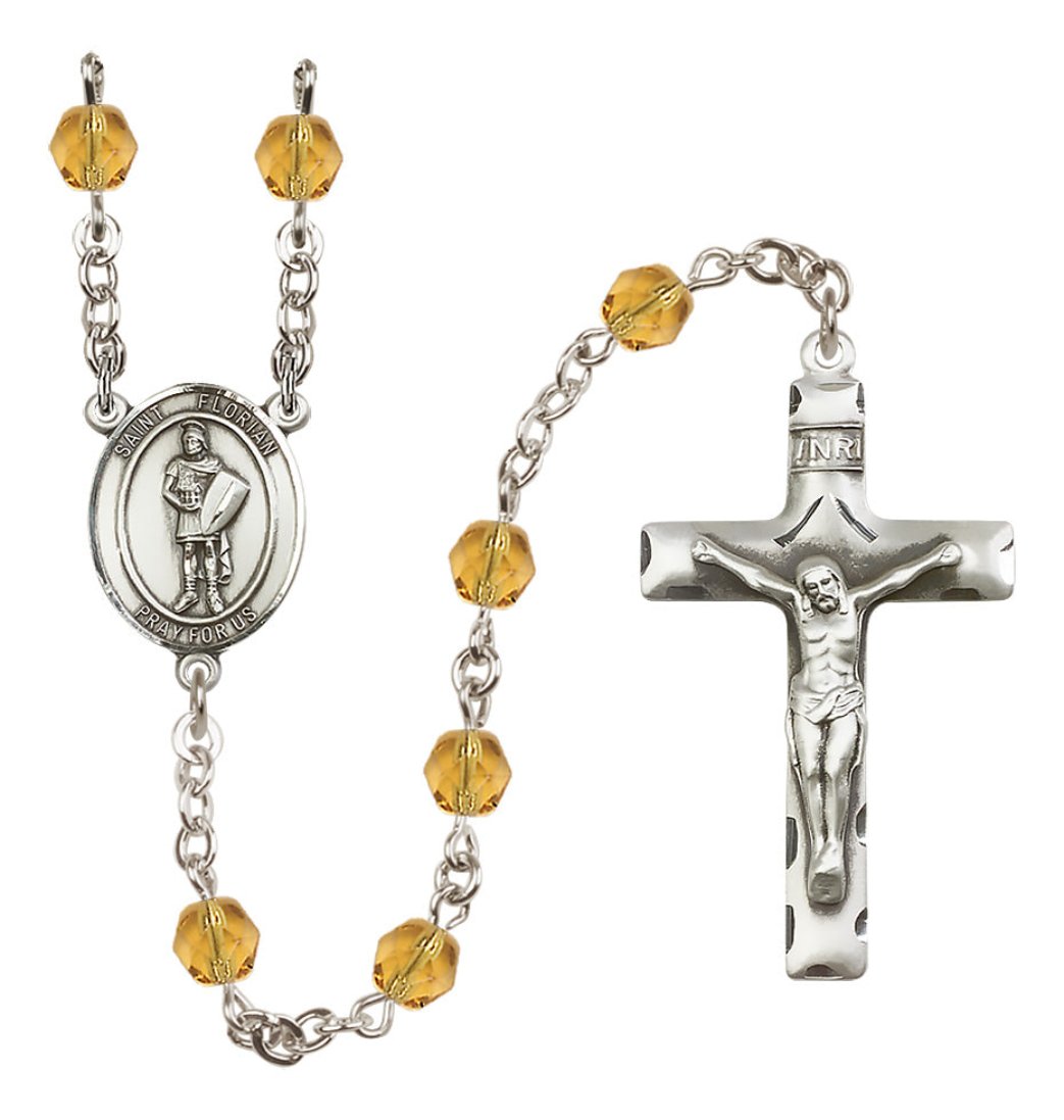 Bliss Oval St Florian Center Silver-Plated Crystal Birthstone Rosary in Topaz November Birthstone,