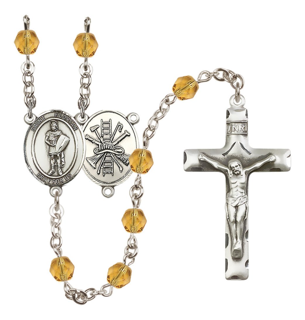 Bliss St Florian w/Firefighter Center Silver-Plated Topaz Crystal November Birthstone Rosary,