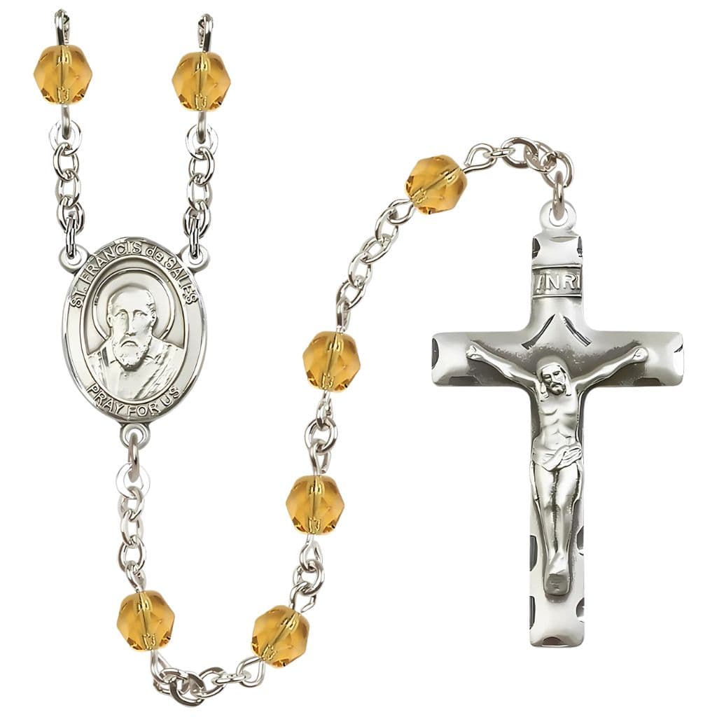 St. Francis de Sales 6mm Topaz Silver-Plated Catholic Rosary, handmade in the USA,