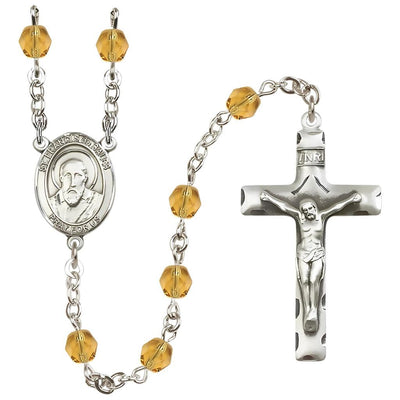 St. Francis de Sales 6mm Topaz Silver-Plated Catholic Rosary, handmade in the USA, Bliss Manufacturing