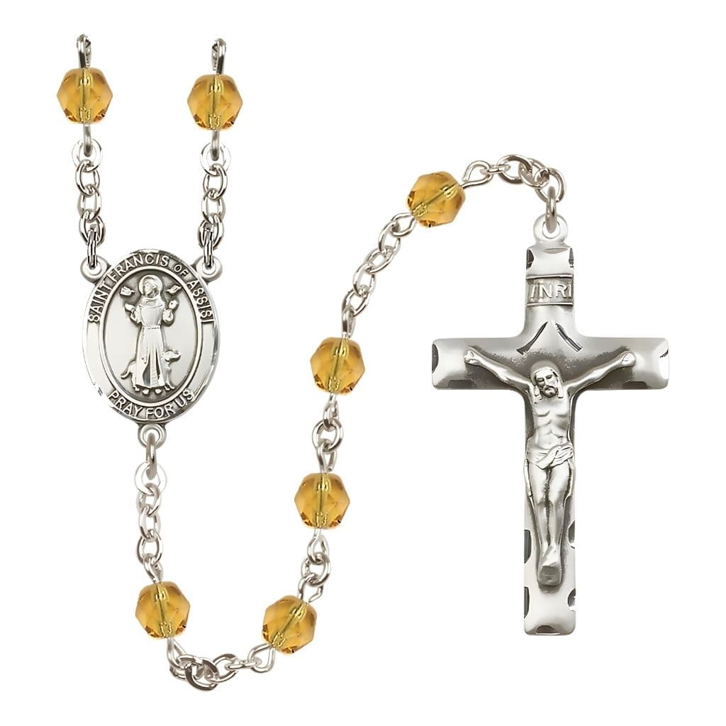 St. Francis of Assisi Topaz 6mm Fire Polished Birthstone Engravable Silver-plated Rosary with Pewter Centerpiece and Crucifix, USA Made
