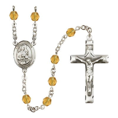 St. Gerard Majella Engravable Rosary with Pewter Crucifix and Centerpiece, Birthstone 6mm Fire Polished Topaz Beads for November, Bliss Manufacturing