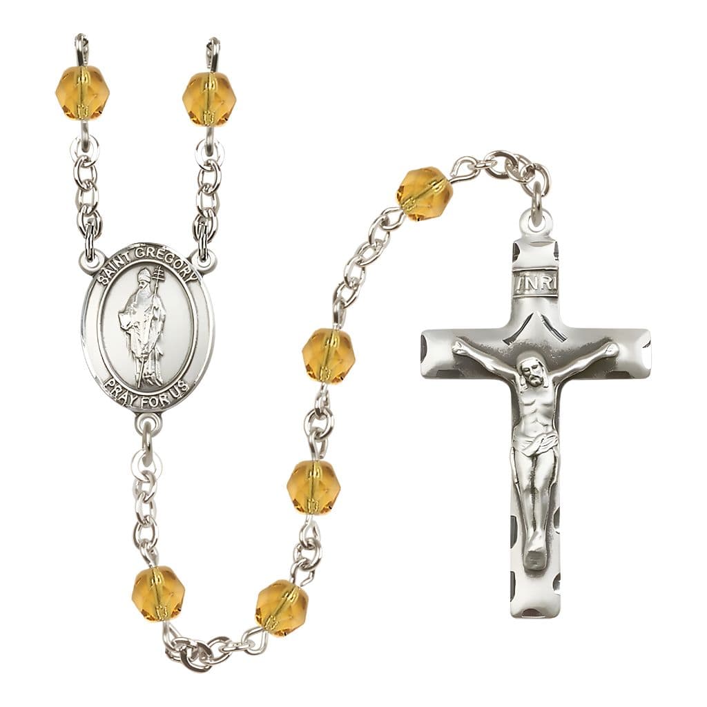 Bliss St. Gregory the Great Engravable Rosary with Pewter Crucifix and Centerpiece, Birthstone 6mm Fire Polished Topaz Beads for November