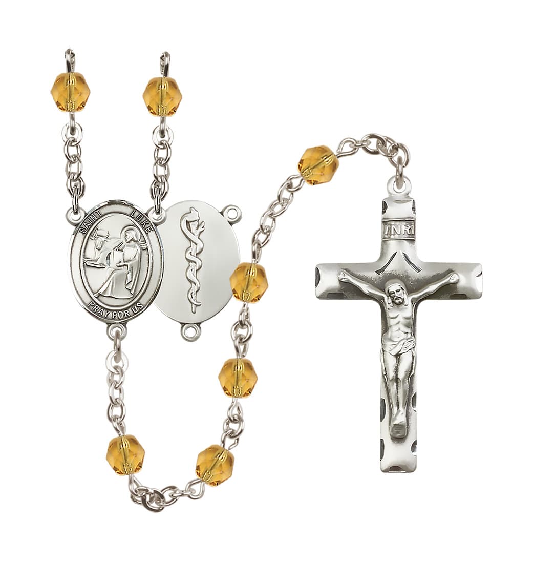 Bliss St Luke the Apostle Doctor Silver-Plated Crystal Birthstone Rosary in Topaz,