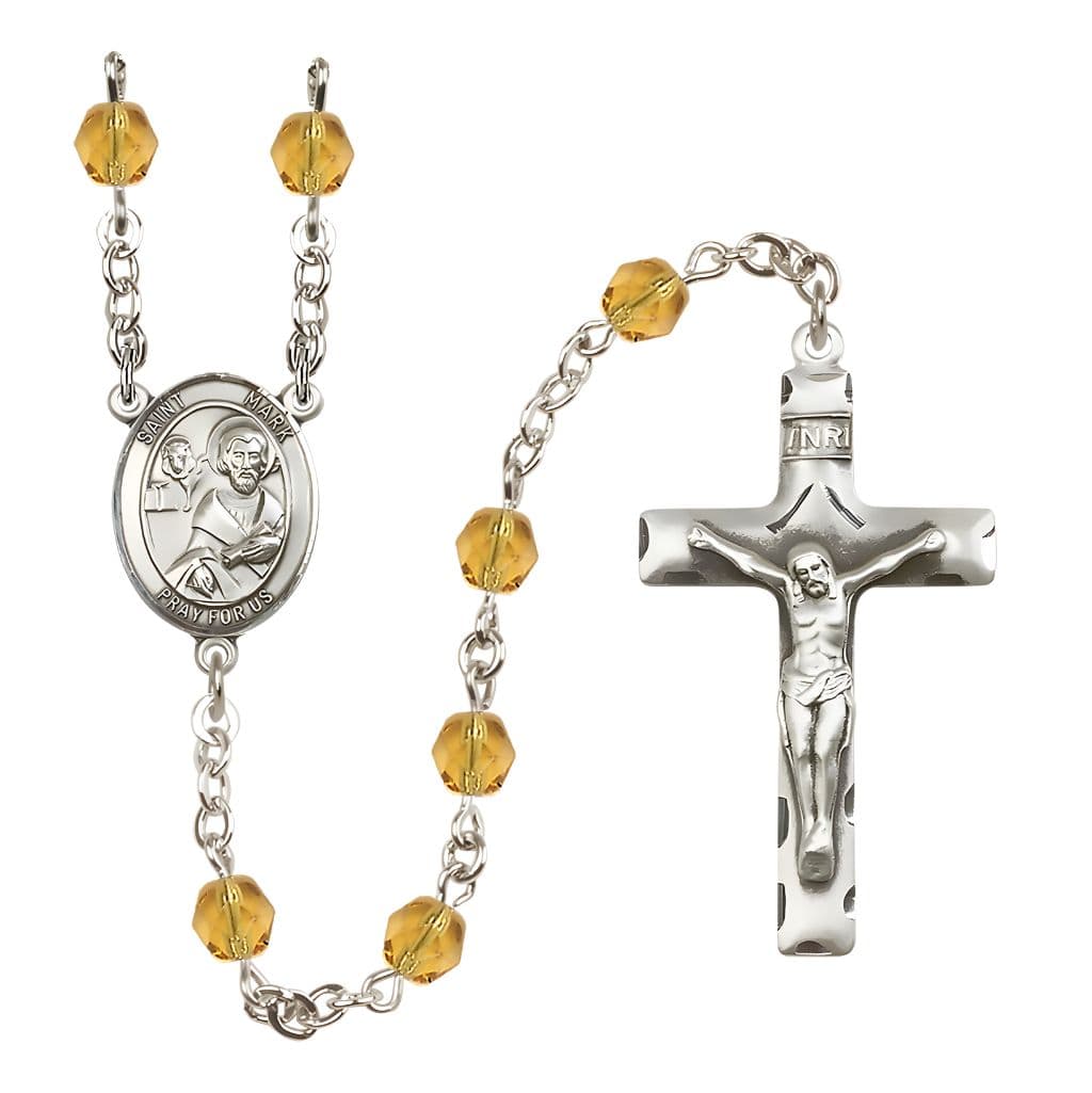 Bliss St. Mark the Evangelist Engravable Rosary with Pewter Crucifix and Centerpiece, Birthstone 6mm Fire Polished Topaz Beads for November