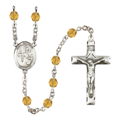 St. Matthew the Apostle Engraved Birthstone 6mm Fire Polished Rosary in Topaz, Bliss Manufacturing