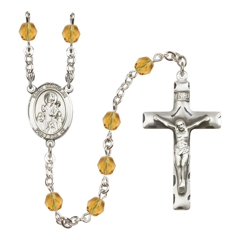 Bliss St. Nicholas Engravable Rosary with Pewter Centerpiece and Crucifix, November Birthstone 6mm Topaz Fire Polish Beads