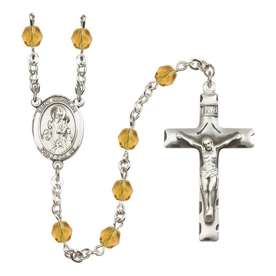 St. Nicholas Engravable Rosary with Pewter Centerpiece and Crucifix, November Birthstone 6mm Topaz Fire Polish Beads, Bliss Manufacturing