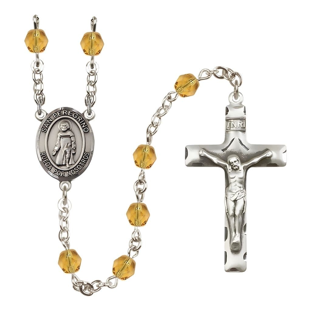 Bliss Spanish San Peregrino Engravable Rosary with Pewter Crucifix and Centerpiece, Birthstone 6mm Fire Polished Topaz Beads for November