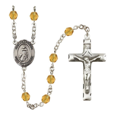 Spanish San Peregrino Engravable Rosary with Pewter Crucifix and Centerpiece, Birthstone 6mm Fire Polished Topaz Beads for November, Bliss Manufacturing