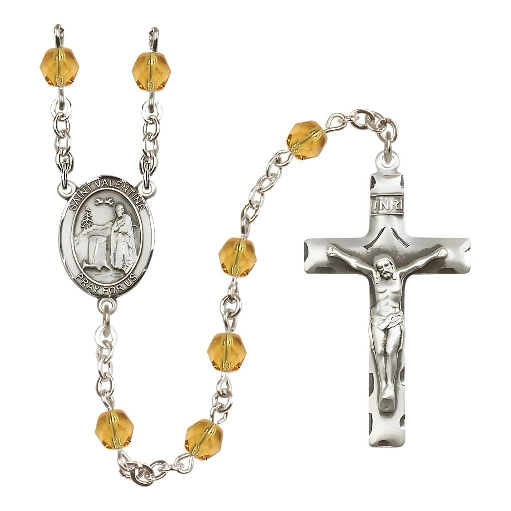 Bliss St. Valentine of Rome Engravable Rosary with Pewter Crucifix and Centerpiece, Birthstone 6mm Fire Polished Topaz Beads for November
