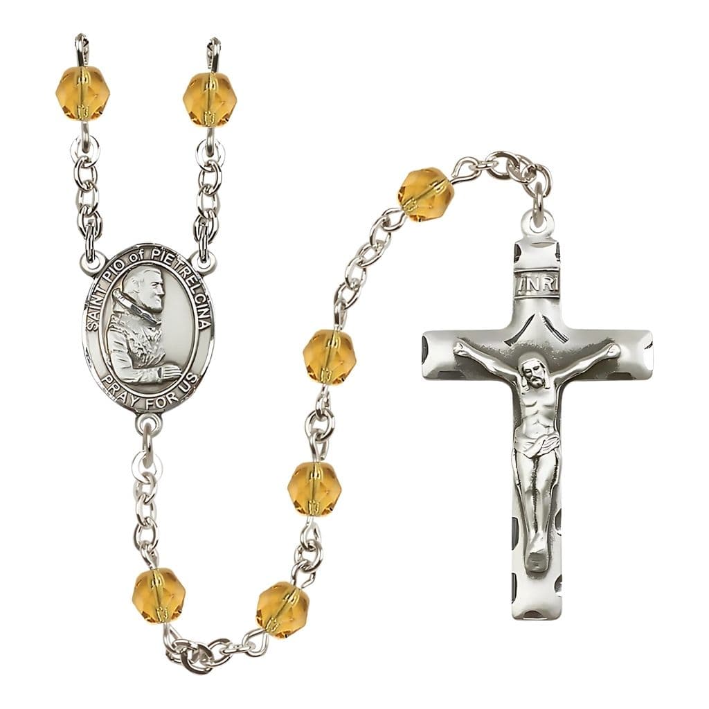 Bliss St. Padre Pio of Pietrelcina Engraved Birthstone Topaz Fire Polished Rosary
