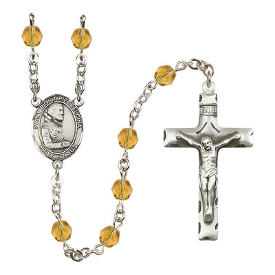 St. Padre Pio of Pietrelcina Engraved Birthstone Topaz Fire Polished Rosary, Bliss Manufacturing
