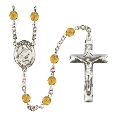 St. Agnes of Rome Silver-plated Rosary with Pewter Crucifix and Centerpiece, Birthstone 6mm Fire Polished Topaz Beads for November