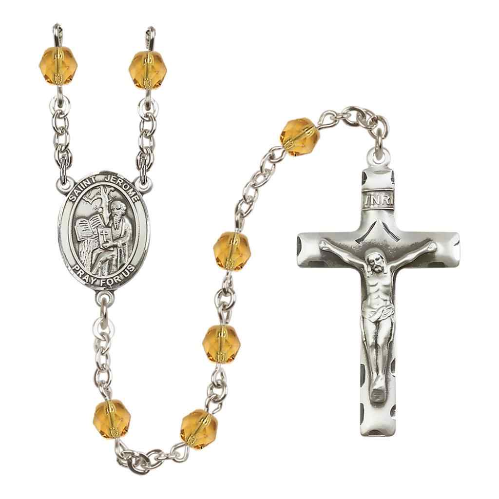 Saint Jerome Silver-plated Rosary with Pewter Crucifix and Centerpiece, Birthstone 6mm Fire Polished Topaz Beads for November