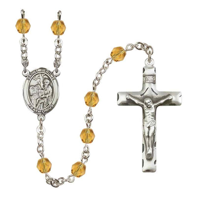 Saint Jerome Silver-plated Rosary with Pewter Crucifix and Centerpiece, Birthstone 6mm Fire Polished Topaz Beads for November