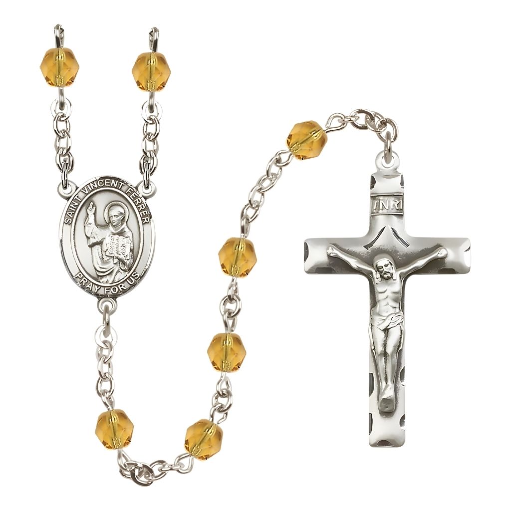 Bliss St. Vincent Ferrer Engravable Rosary with Pewter Crucifix and Centerpiece, Birthstone 6mm Fire Polished Topaz Beads for November