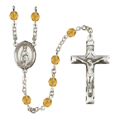 Our Lady of Fatimas Engravable Rosary with Pewter Crucifix and Centerpiece, Birthstone 6mm Fire Polished Topaz Beads for November, Bliss Manufacturing