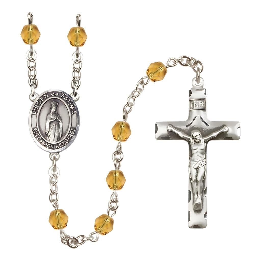 Bliss Spanish Virgen de Fatima Engravable Rosary with Pewter Crucifix and Centerpiece, Birthstone 6mm Fire Polished Topaz Beads for November