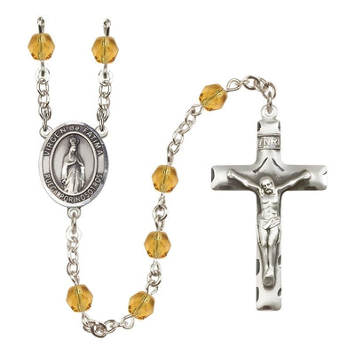 Spanish Virgen de Fatima Engravable Rosary with Pewter Crucifix and Centerpiece, Birthstone 6mm Fire Polished Topaz Beads for November, Bliss Manufacturing