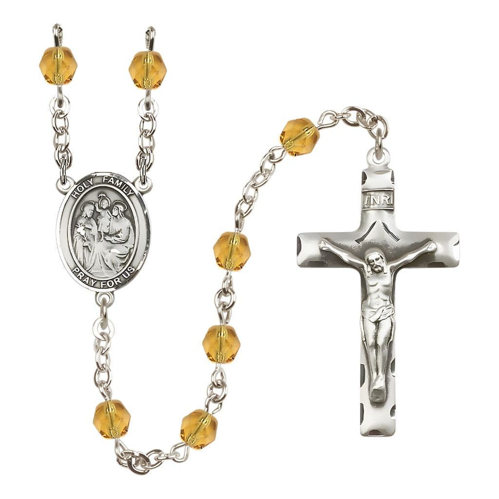 Bliss Holy Family Engravable Rosary with Pewter Crucifix and Centerpiece, Birthstone 6mm Fire Polished Topaz Beads for November