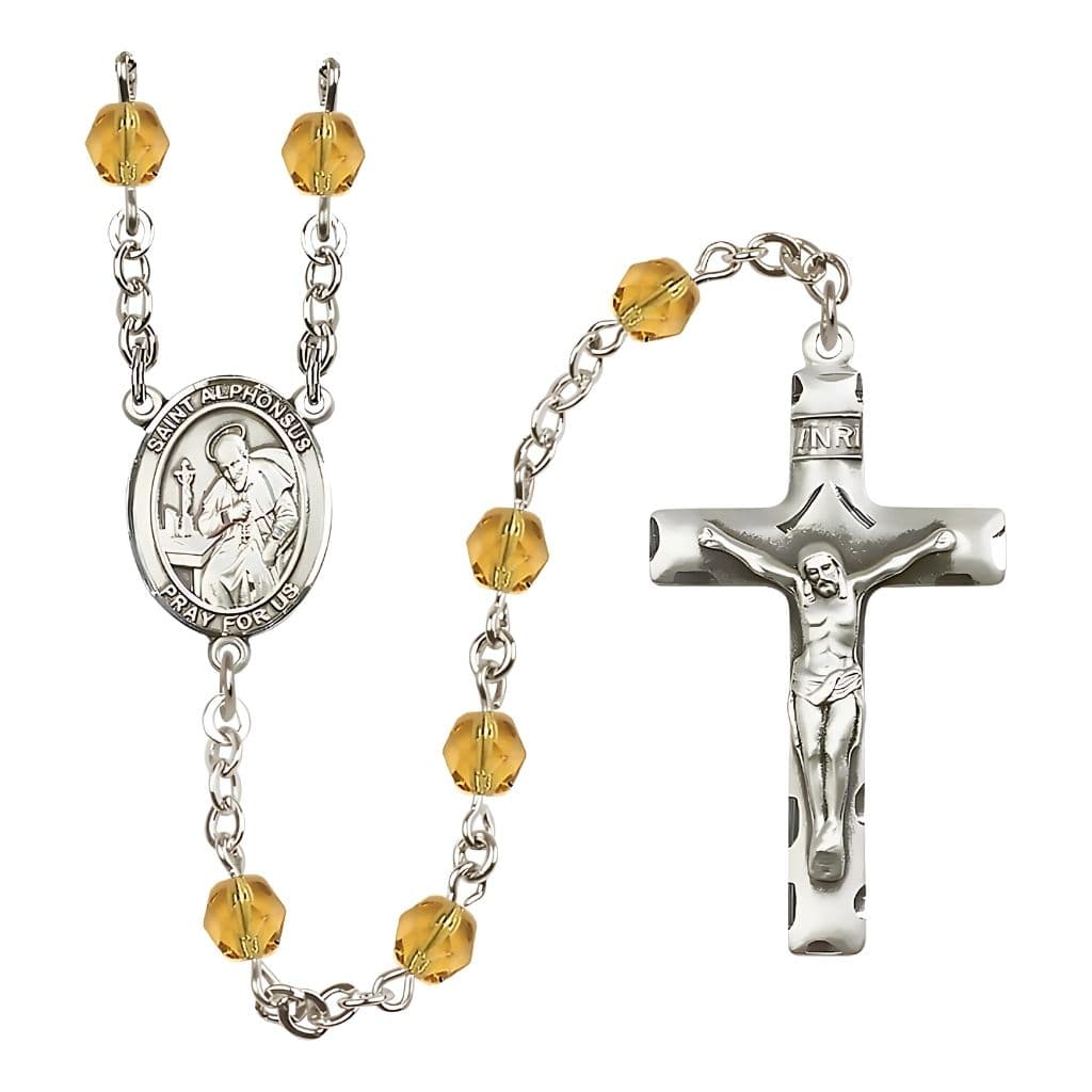 Bliss St. Alphonsus Maria de Liguori November Birthstone 6mm TopazFire Polished Rosary with Pewter Centerpiece and Crucifix