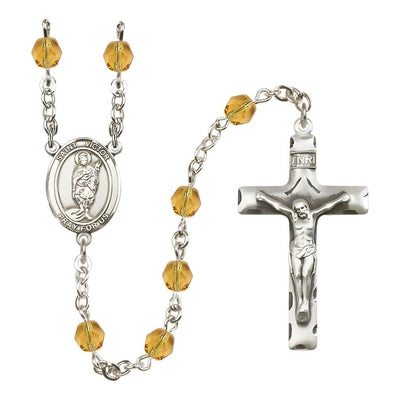 St. Victor of Marseilles Engravable Rosary with Pewter Crucifix and Centerpiece, Birthstone 6mm Fire Polished Topaz Beads for November, Bliss Manufacturing