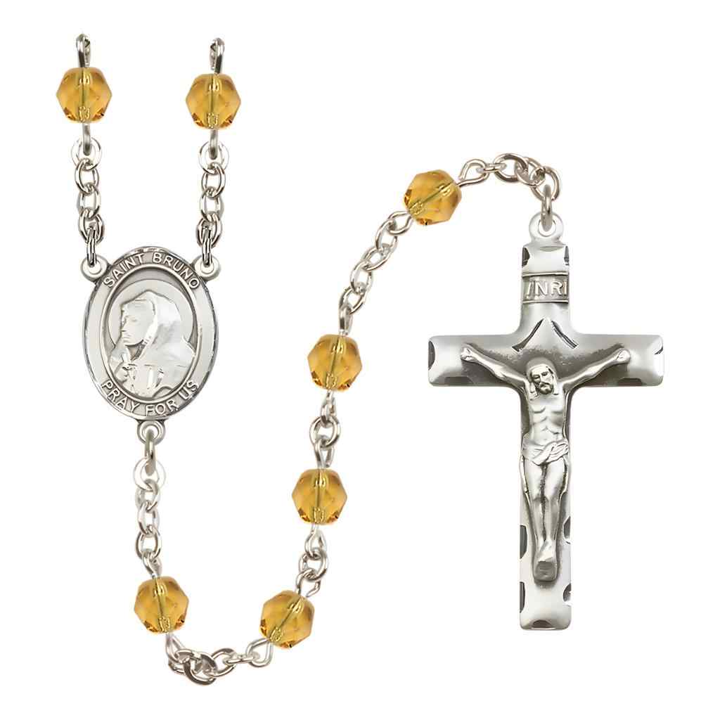 Saint Bruno Silver-plated Rosary with Pewter Crucifix and Centerpiece, Birthstone 6mm Fire Polished Topaz Beads for November