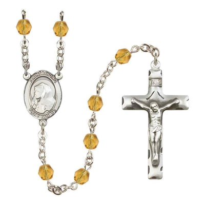 Saint Bruno Silver-plated Rosary with Pewter Crucifix and Centerpiece, Birthstone 6mm Fire Polished Topaz Beads for November