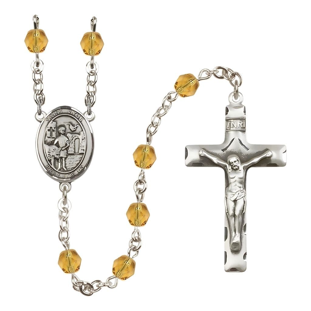 Bliss St. Vitus Engravable Rosary with Pewter Crucifix and Centerpiece, Birthstone 6mm Fire Polished Topaz Beads for November