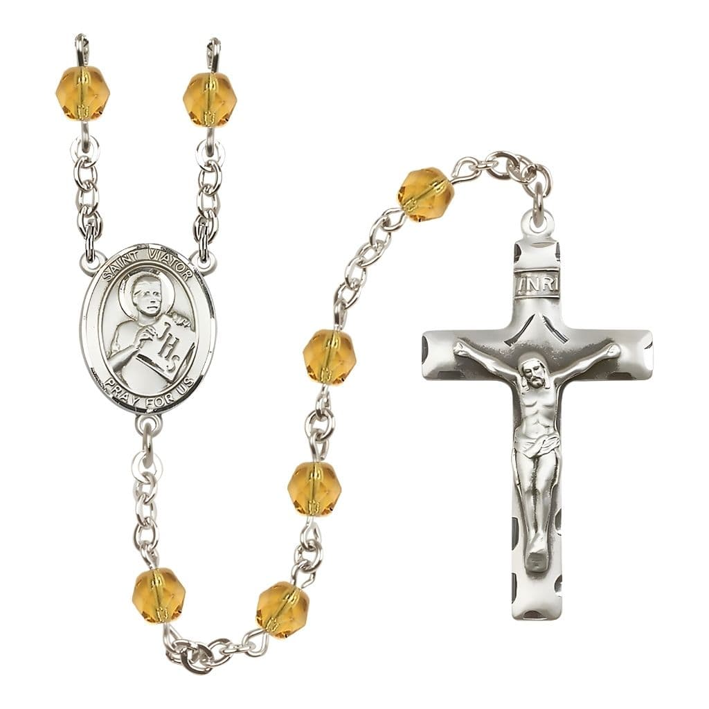 Bliss St. Viator of Bergamo Engravable Rosary with Pewter Crucifix and Centerpiece, Birthstone 6mm Fire Polished Topaz Beads for November
