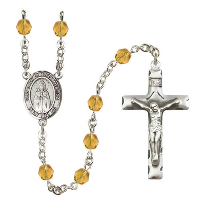Our Lady of Rosa Mystica Rosary with Pewter Crucifix and Centerpiece, Birthstone 6mm Fire Polished Topaz Beads for November