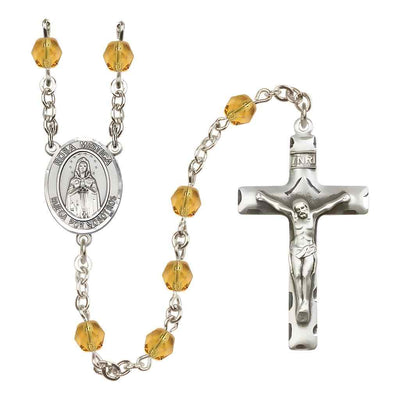 Spanish Rosa Mystica Silver-plated Rosary with Pewter Crucifix and Centerpiece, Birthstone 6mm Fire Polished Topaz Beads for November