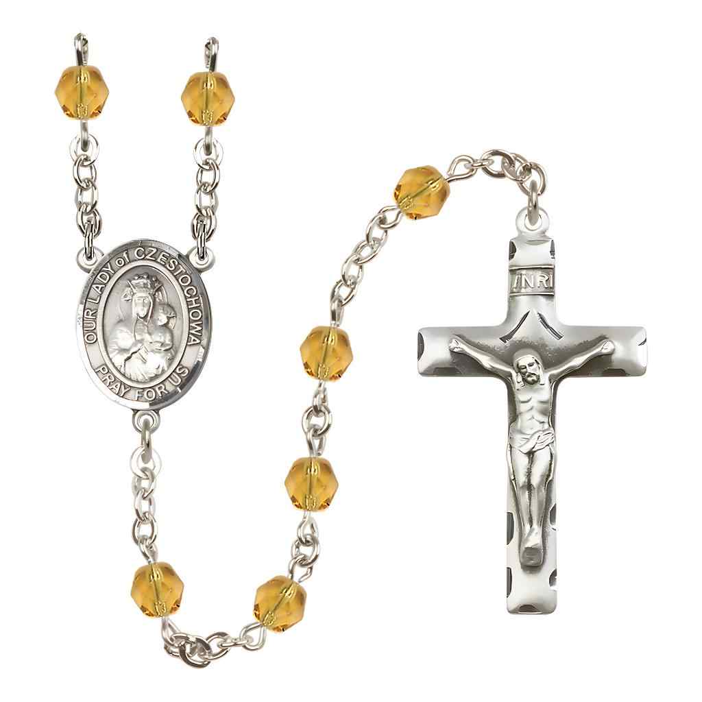 Our Lady of Czestochowa Silver-plated Rosary with Pewter Crucifix and Centerpiece, Birthstone 6mm Fire Polished Topaz Beads for November