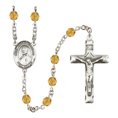 St. Andre Bessette Engravable Rosary with Pewter Crucifix and Centerpiece, Birthstone 6mm Fire Polished Topaz Beads for November, Bliss Manufacturing