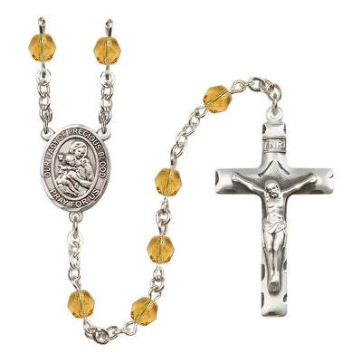 Our Lady of the Precious Blood Rosary with Pewter Traditional Crucifix and Oval Centerpiece, Birthstone 6mm Fire Polished Topaz Beads for November