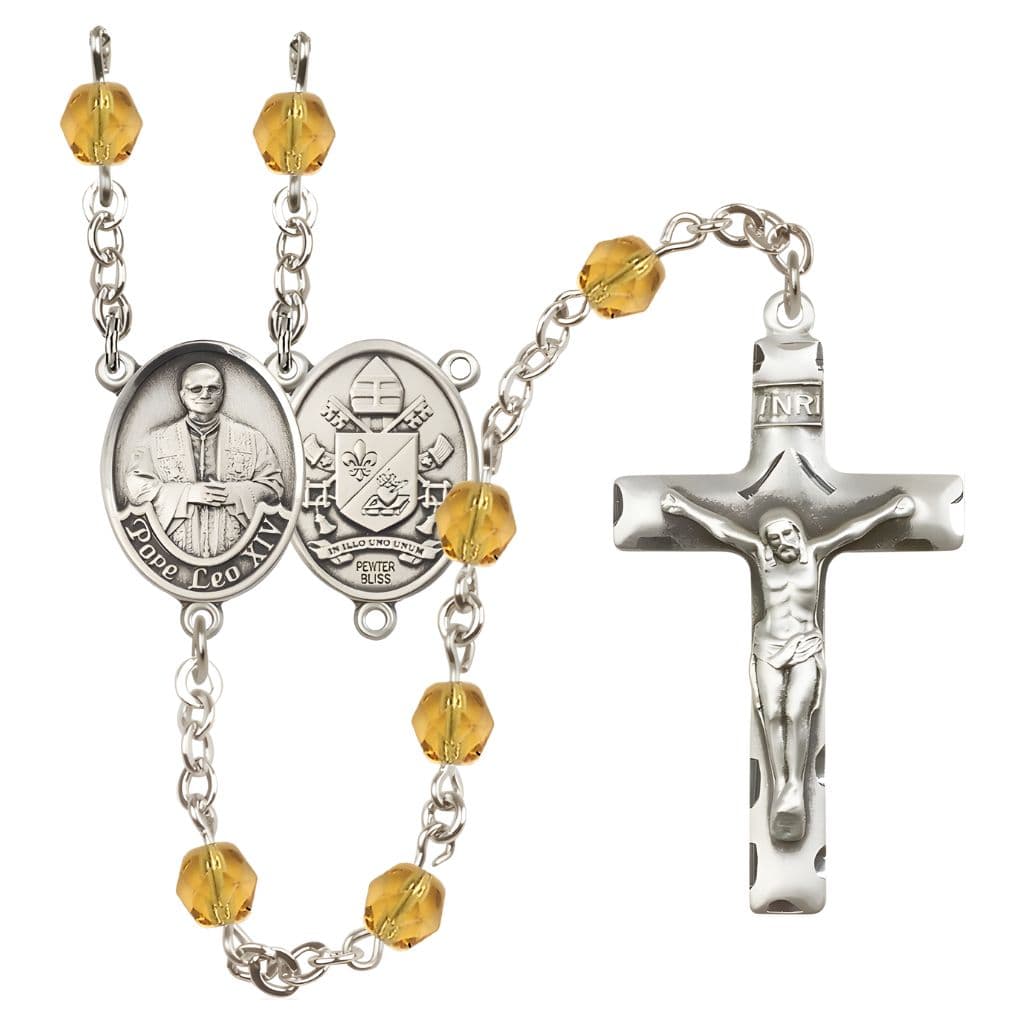 Bliss Pope Leo XIV Birthstone Engravable Rosary with Pewter Center and Crucifix, 6mm Fire Polished Beads in Topaz for November