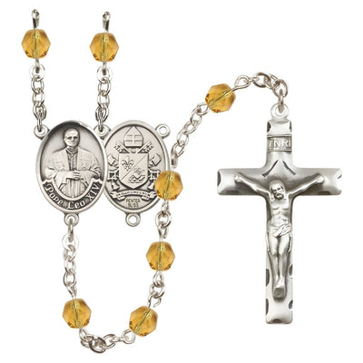 Pope Leo XIV Birthstone Engravable Rosary with Pewter Center and Crucifix, 6mm Fire Polished Beads in Topaz for November, Bliss Manufacturing