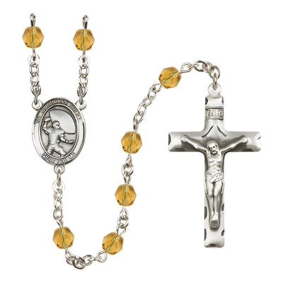 Guardian Angel Football Engravable Rosary with Pewter Crucifix and Centerpiece, Birthstone 6mm Fire Polished Topaz Beads for November, Bliss Manufacturing