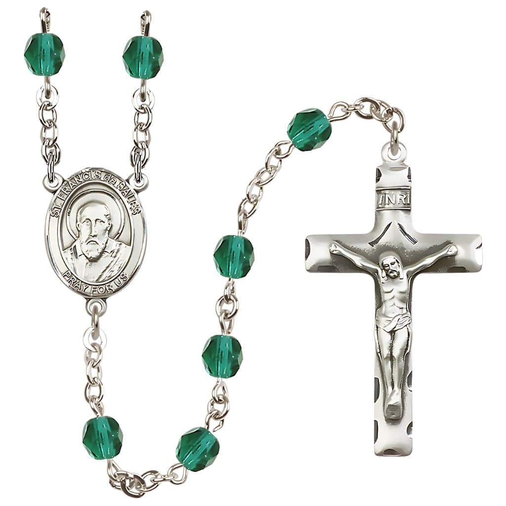 St. Francis de Sales 6mm Zircon Silver-Plated Catholic Rosary, handmade in the USA,