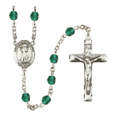 St. Francis of Assisi Zircon 6mm Fire Polished Birthstone Engravable Silver-plated Rosary with Pewter Centerpiece and Crucifix, USA Made, Bliss Manufacturing
