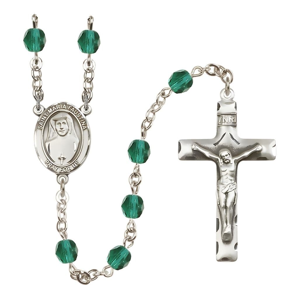 Bliss St. Maria Faustina Engraved Birthstone 6mm Zircon Fire Polished Silver-plated Rosary with Pewter Centerpiece and Crucifix,