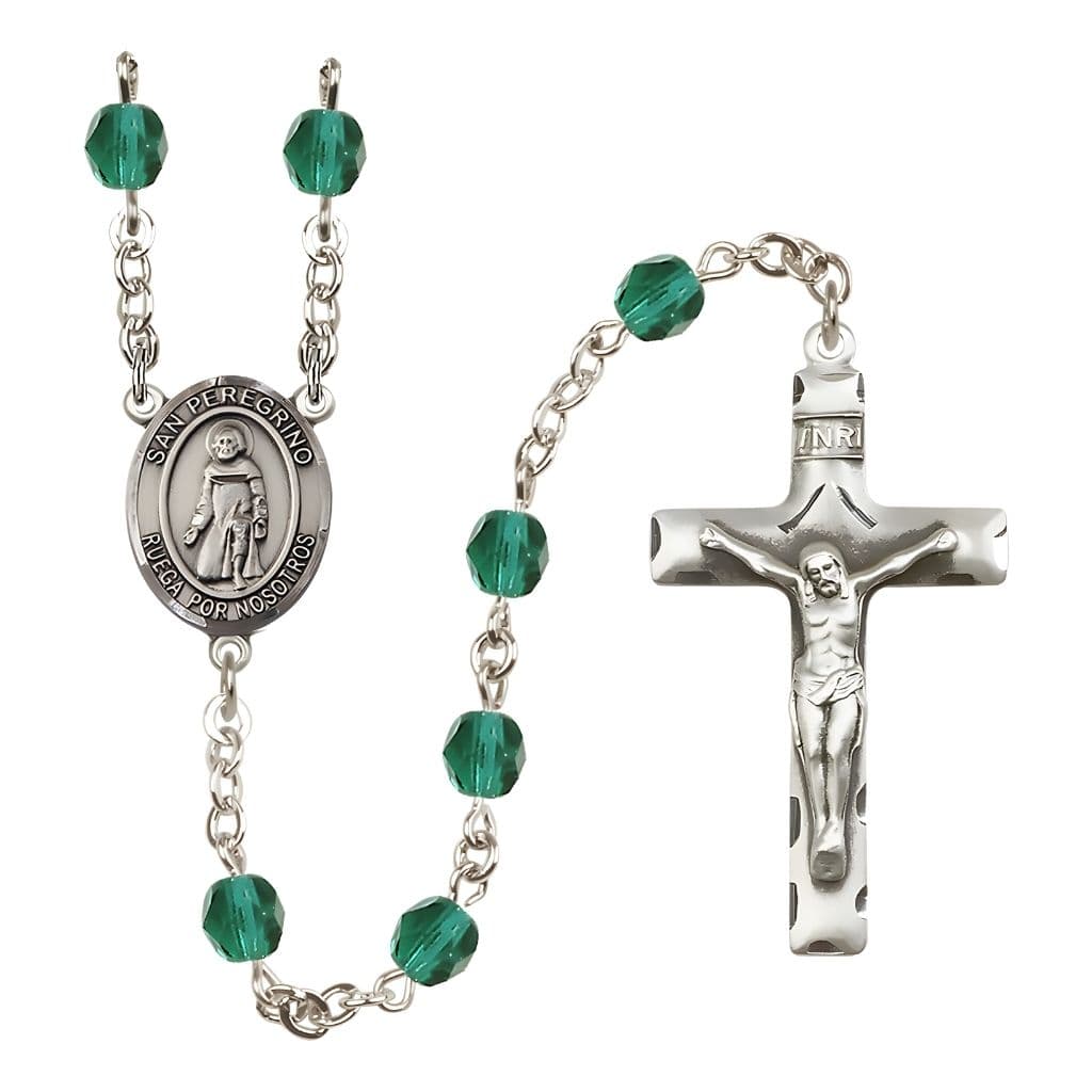 Bliss Spanish San Peregrino Engravable Rosary with Pewter Crucifix and Centerpiece, Birthstone 6mm Fire Polished Zircon Beads for December