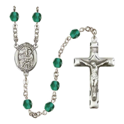 Saint Jerome Silver-plated Rosary with Pewter Crucifix and Centerpiece, Birthstone 6mm Fire Polished Zircon Beads for December