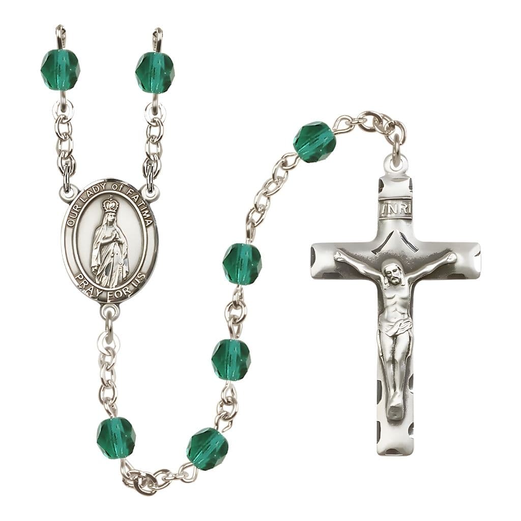 Bliss Our Lady of Fatimas Engravable Rosary with Pewter Crucifix and Centerpiece, Birthstone 6mm Fire Polished Zircon Beads for December