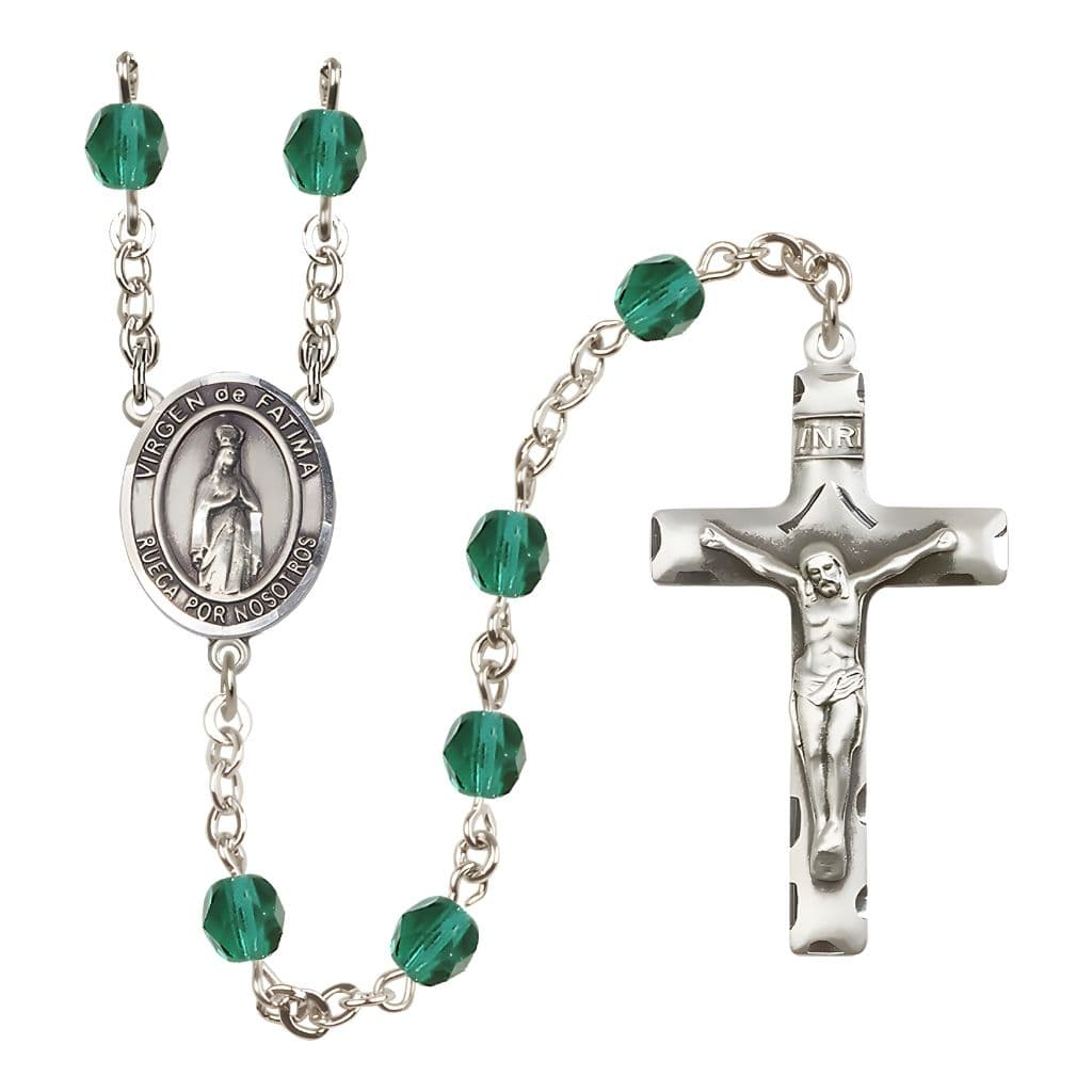 Bliss Spanish Virgen de Fatima Engravable Rosary with Pewter Crucifix and Centerpiece, Birthstone 6mm Fire Polished Zircon Beads for December